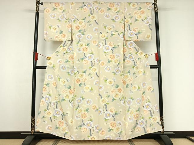 平和屋着物▽上質な小紋　単衣　友禅　枝花文　正絹　逸品　AABJ3517jh