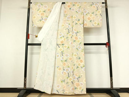 平和屋着物▽上質な小紋　単衣　友禅　枝花文　正絹　逸品　AABJ3517jh