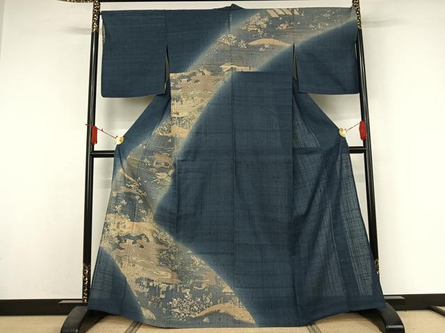 平和屋着物▽染織の名門　しょうざん  生紬　訪問着　単衣　手描き　人物風景文　金彩　正絹　逸品　AABJ3519jh