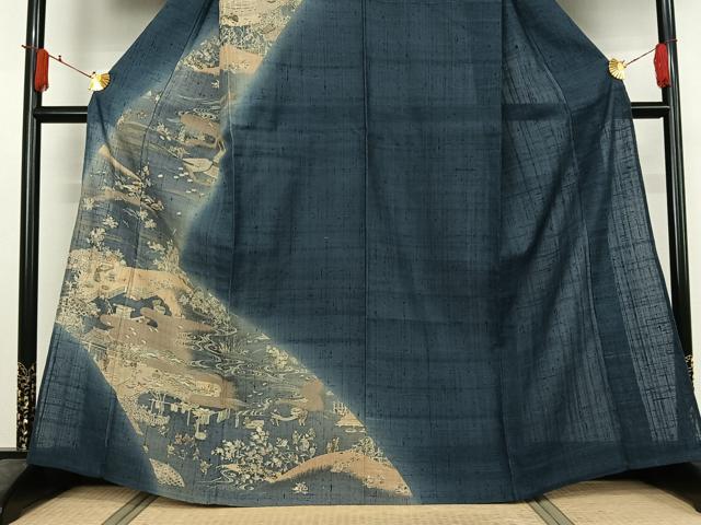 平和屋着物▽染織の名門　しょうざん  生紬　訪問着　単衣　手描き　人物風景文　金彩　正絹　逸品　AABJ3519jh