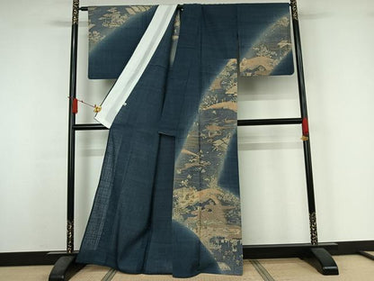 平和屋着物▽染織の名門　しょうざん  生紬　訪問着　単衣　手描き　人物風景文　金彩　正絹　逸品　AABJ3519jh