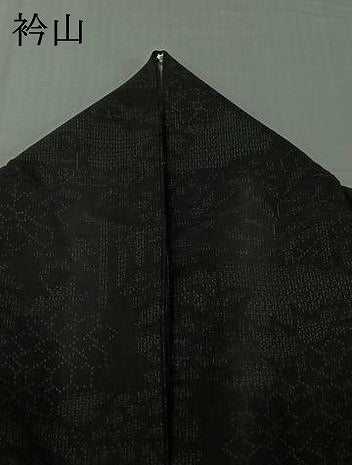 平和屋着物▽結城紬　単衣　100亀甲　風景花文　黒地　正絹　逸品　AABJ3520jh