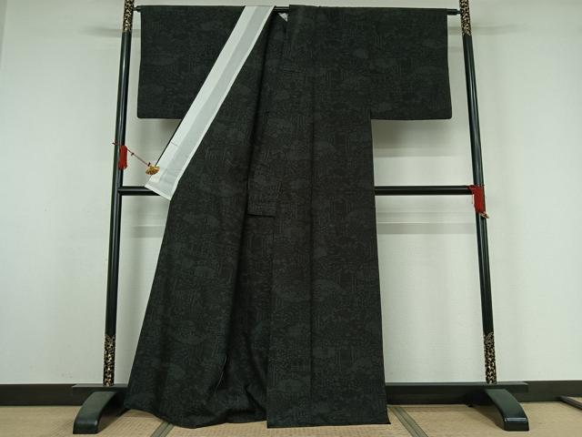 平和屋着物▽結城紬　単衣　100亀甲　風景花文　黒地　正絹　逸品　AABJ3520jh