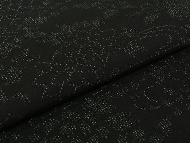 平和屋着物▽結城紬　単衣　100亀甲　風景花文　黒地　正絹　逸品　AABJ3520jh
