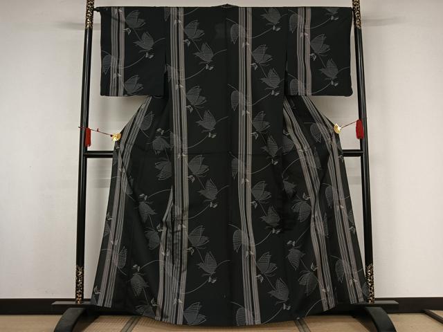 平和屋着物▽山野愛子　小紋　単衣　舞蝶文　黒地　洗える着物　未使用　AABJ3522jh