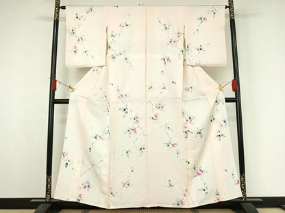 平和屋着物▽上質な小紋　単衣　手描き　枝花文　正絹　逸品　AABJ3527jh