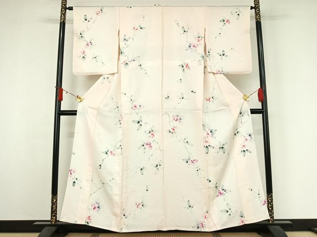 平和屋着物▽上質な小紋　単衣　手描き　枝花文　正絹　逸品　AABJ3527jh