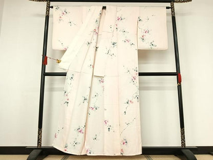 平和屋着物▽上質な小紋　単衣　手描き　枝花文　正絹　逸品　AABJ3527jh