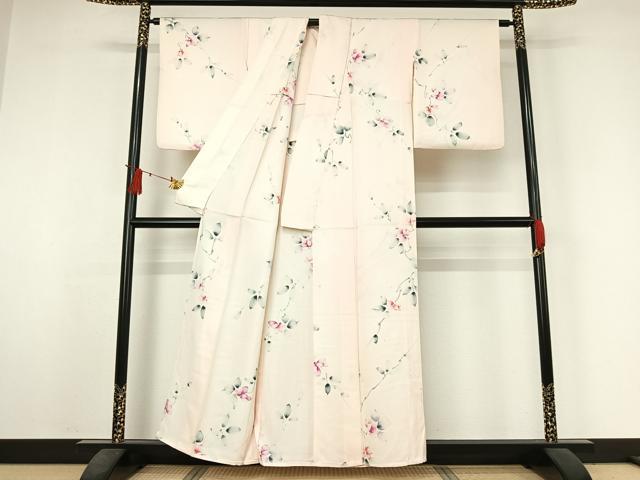 平和屋着物▽上質な小紋　単衣　手描き　枝花文　正絹　逸品　AABJ3527jh