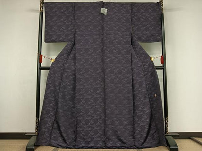 平和屋着物▽上質な色無地　単衣　作家物　流水笹の葉地紋　褐色　ロング丈　正絹　逸品　AABJ3528jh