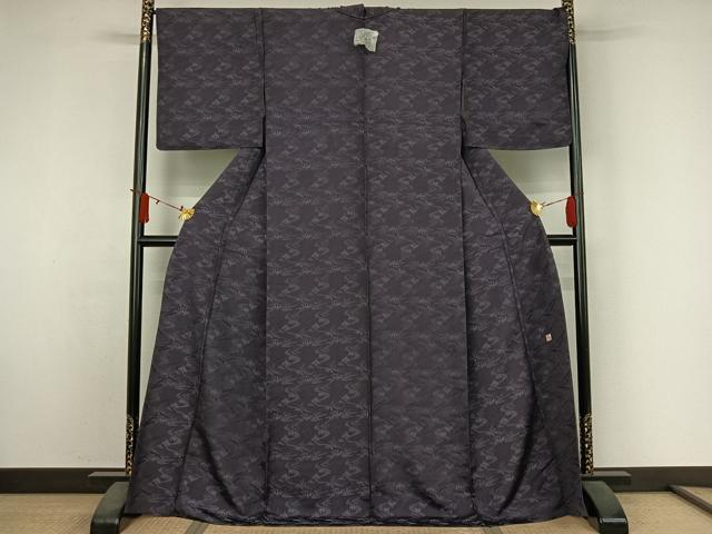 平和屋着物▽上質な色無地　単衣　作家物　流水笹の葉地紋　褐色　ロング丈　正絹　逸品　AABJ3528jh