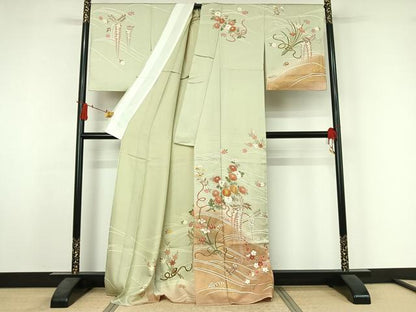 平和屋着物▽訪問着　単衣　駒刺繍　流水花文　暈し染め　金彩　正絹　逸品　AABJ3531jh