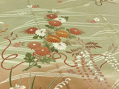 平和屋着物▽訪問着　単衣　駒刺繍　流水花文　暈し染め　金彩　正絹　逸品　AABJ3531jh