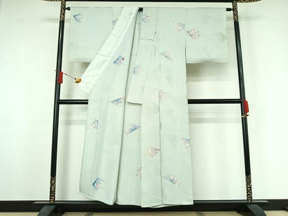 平和屋着物▽上質な小紋　単衣　地紋起こし　切嵌花文　正絹　逸品　AABJ3535jh
