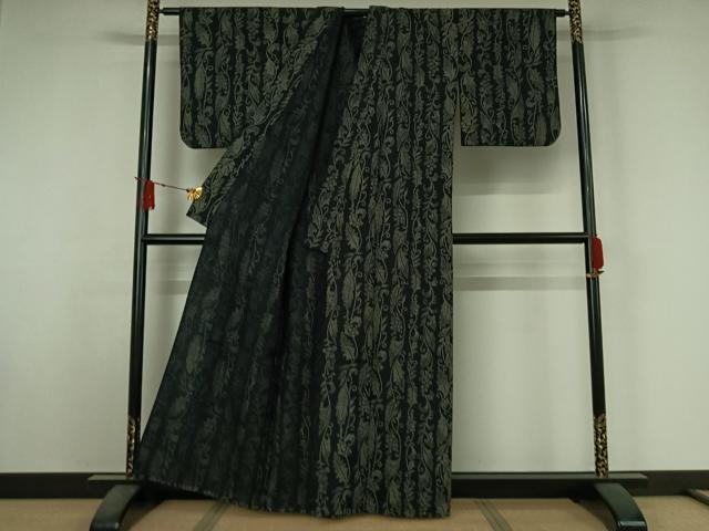 平和屋着物▽小紋　単衣　葡萄唐草文　黒地　AABJ3537jh