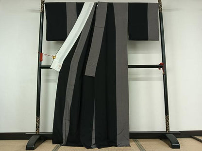 平和屋着物▽上質な小紋　単衣　斜縞　黒地　正絹　逸品　AABJ3540jh