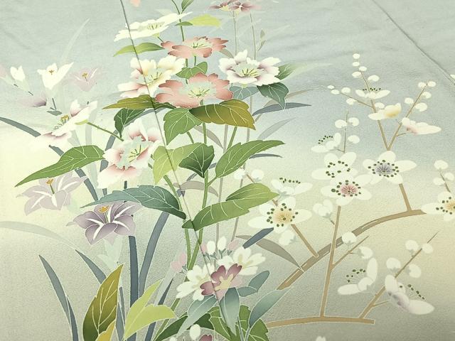 平和屋着物▽訪問着　単衣　友禅　草花文　暈し染め　正絹　逸品　AABJ3542jh
