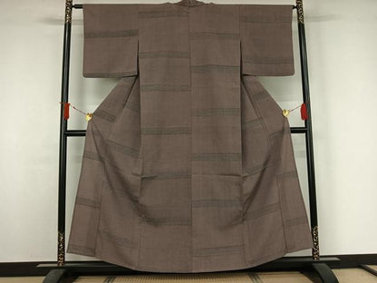 平和屋着物▽本塩沢　単衣　横段文　正絹　逸品　AABJ3545jh