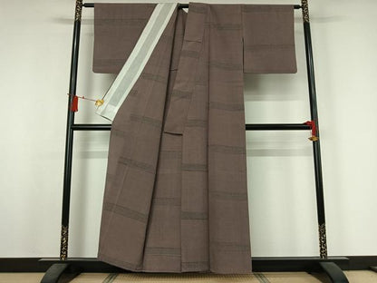 平和屋着物▽本塩沢　単衣　横段文　正絹　逸品　AABJ3545jh