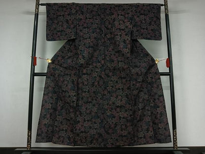 平和屋着物▽上質な紬 　単衣　草花文　黒地 　正絹　逸品　未使用　AABJ3548jh