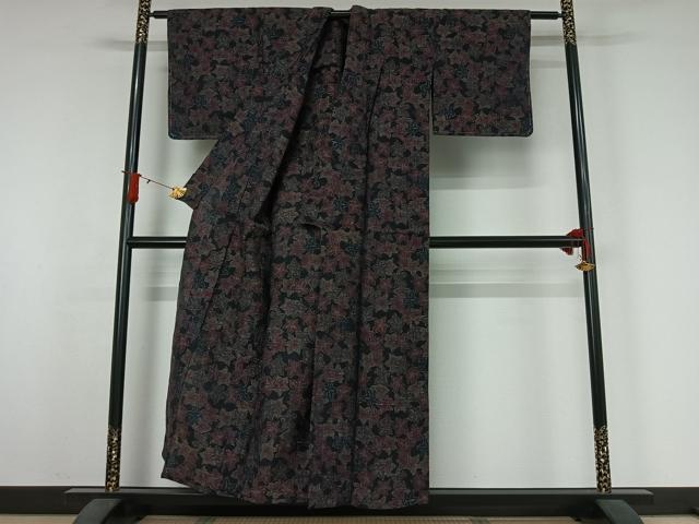 平和屋着物▽上質な紬 　単衣　草花文　黒地 　正絹　逸品　未使用　AABJ3548jh