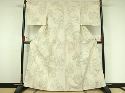 平和屋着物▽上質な小紋　単衣　紬地　手描き　草花文　正絹　逸品　AABJ3552jh