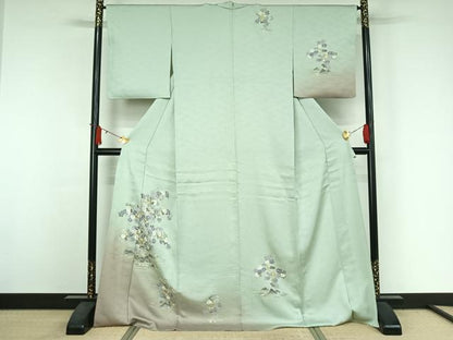 平和屋着物▽訪問着　単衣　駒刺繍　流水花文　暈し染め　ロング丈　正絹　逸品　AABJ3554jh