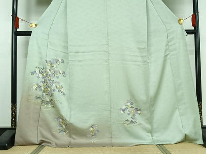 平和屋着物▽訪問着　単衣　駒刺繍　流水花文　暈し染め　ロング丈　正絹　逸品　AABJ3554jh