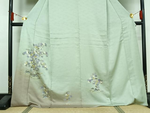 平和屋着物▽訪問着　単衣　駒刺繍　流水花文　暈し染め　ロング丈　正絹　逸品　AABJ3554jh
