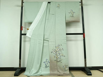 平和屋着物▽訪問着　単衣　駒刺繍　流水花文　暈し染め　ロング丈　正絹　逸品　AABJ3554jh
