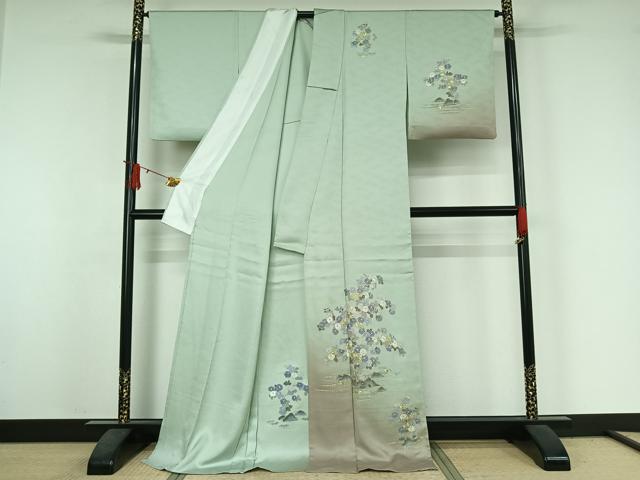平和屋着物▽訪問着　単衣　駒刺繍　流水花文　暈し染め　ロング丈　正絹　逸品　AABJ3554jh