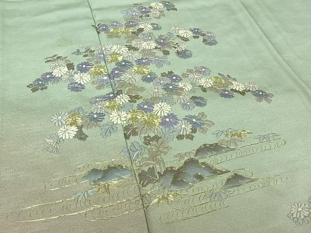 平和屋着物▽訪問着　単衣　駒刺繍　流水花文　暈し染め　ロング丈　正絹　逸品　AABJ3554jh