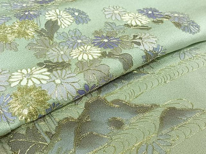 平和屋着物▽訪問着　単衣　駒刺繍　流水花文　暈し染め　ロング丈　正絹　逸品　AABJ3554jh