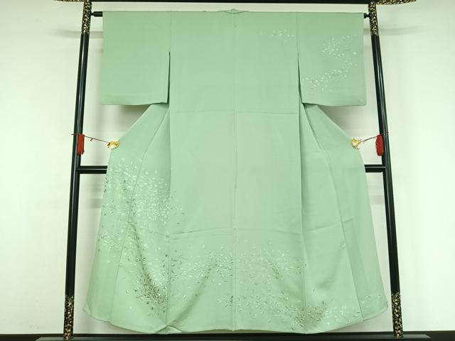 平和屋着物▽訪問着　単衣　総刺繍　吹き寄せ文　錆青磁色　金糸　正絹　逸品　AABJ3555jh