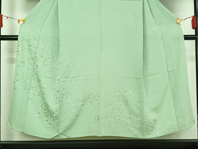平和屋着物▽訪問着　単衣　総刺繍　吹き寄せ文　錆青磁色　金糸　正絹　逸品　AABJ3555jh