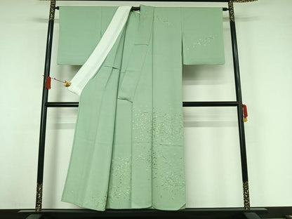 平和屋着物▽訪問着　単衣　総刺繍　吹き寄せ文　錆青磁色　金糸　正絹　逸品　AABJ3555jh