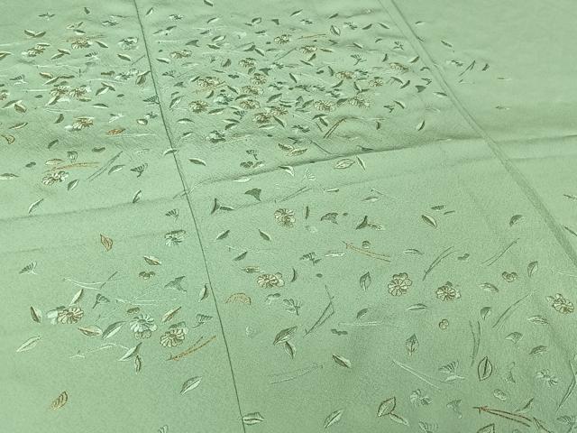 平和屋着物▽訪問着　単衣　総刺繍　吹き寄せ文　錆青磁色　金糸　正絹　逸品　AABJ3555jh