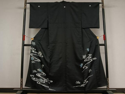 平和屋着物▽黒留袖　単衣　竜田川文　金彩　洗える着物　AABJ3557jh