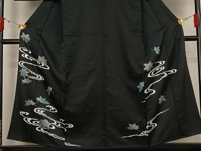 平和屋着物▽黒留袖　単衣　竜田川文　金彩　洗える着物　AABJ3557jh