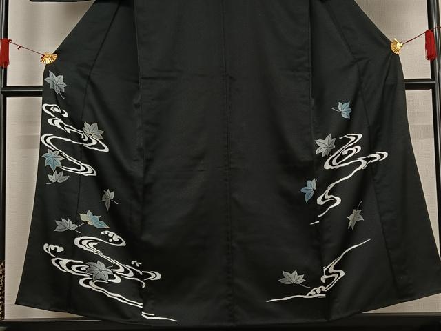 平和屋着物▽黒留袖　単衣　竜田川文　金彩　洗える着物　AABJ3557jh