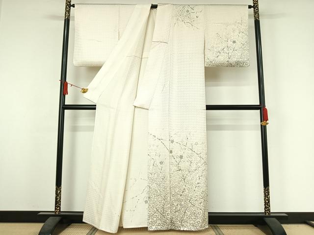 平和屋着物▽訪問着　単衣　手描き　刺繍　枝花文　金糸　正絹　逸品　AABJ3558jh