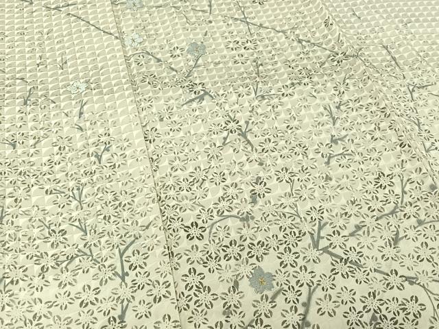 平和屋着物▽訪問着　単衣　手描き　刺繍　枝花文　金糸　正絹　逸品　AABJ3558jh
