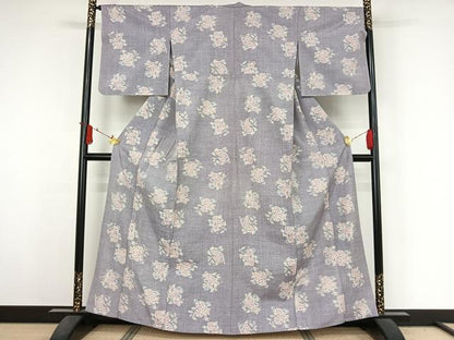 平和屋着物▽上質な紬　単衣　草花文　正絹　逸品　AABJ3570jh