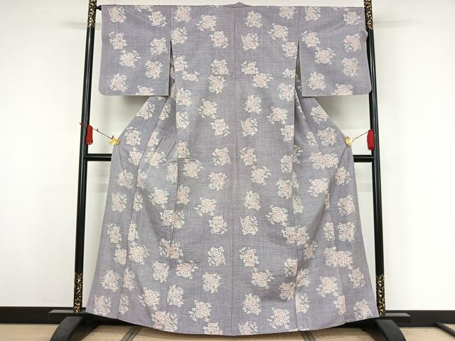 平和屋着物▽上質な紬　単衣　草花文　正絹　逸品　AABJ3570jh