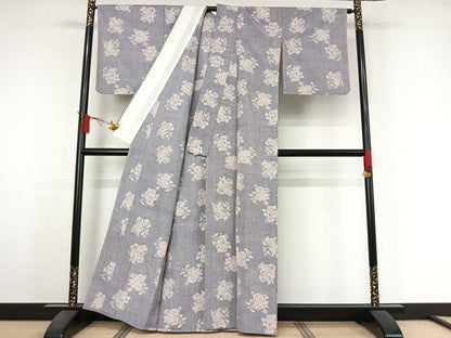平和屋着物▽上質な紬　単衣　草花文　正絹　逸品　AABJ3570jh