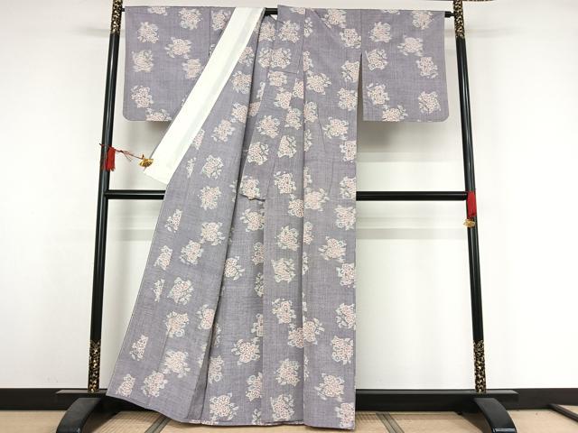 平和屋着物▽上質な紬　単衣　草花文　正絹　逸品　AABJ3570jh