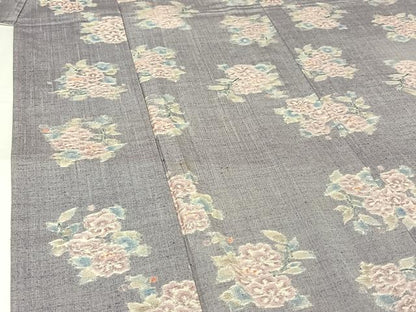 平和屋着物▽上質な紬　単衣　草花文　正絹　逸品　AABJ3570jh