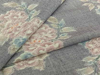 平和屋着物▽上質な紬　単衣　草花文　正絹　逸品　AABJ3570jh