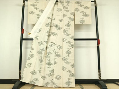 平和屋着物▽上質な紬　単衣　笹竹文　正絹　逸品　AABJ3574jh