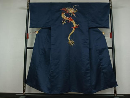 平和屋着物▽男性　着物　単衣　手刺繍　龍　金糸　洗える着物　AABJ3575jh